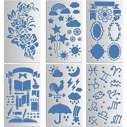 BENECREAT 6Pcs 4"x6.8" Metal Journal Stencils Geometric/Book/Constellation/Weather/Flower, Metal Steel Stencil Template for DIY Scrapbooking and Crafting