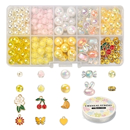 DIY Cute Stretch Bracelet Making Kit, Including Imitation Pearl & Candy Acrylic Beads, Banana & Cherry & Flower & Heart & Butterfly Alloy Enamel Pendants, Yellow