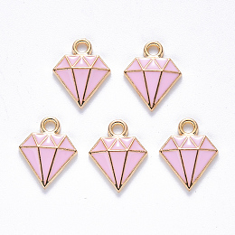 Honeyhandy Alloy Enamel Charms, Dimond, Light Gold, Pink, 15x11.5x2.5mm, Hole: 1.8mm