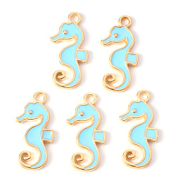 Honeyhandy Alloy Enamel Pendants, Sea Horse, Light Gold, Light Blue, 21x11x2mm, Hole: 1.6mm