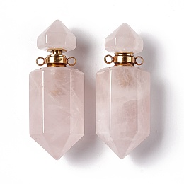 Faceted Bullet Natural Rose Quartz Perfume Bottle Pendants, Essentail Oil Diffuser Charm, with Golden Tone Metal Findings, for Jewelry Making, 42~45x16~17x16~17mm, Hole: 2mm