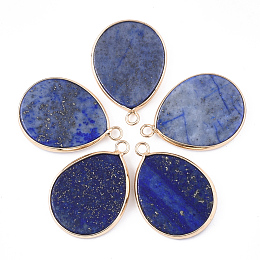 Honeyhandy Natural Lapis Lazuli Pendants, Dyed, with Brass Findings, Drop, Golden, 30.5x21~22x3~3.5mm, Hole: 2mm