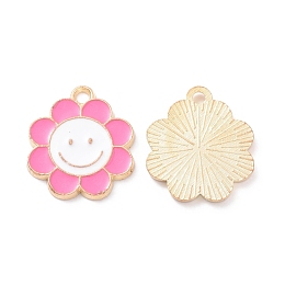 Honeyhandy Alloy Enamel Pendants, Flower with Smiling Face Charm, Light Gold, Pearl Pink, 18.5x16x1.5mm, Hole: 1.8mm