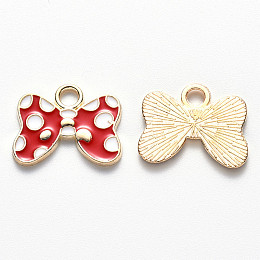 Honeyhandy Alloy Enamel Pendants, Bowknot, Light Gold, Red, 14.5x18.5x1.5mm, Hole: 3mm