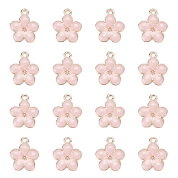 Honeyhandy Light Gold Plated Alloy Enamel Pendants, Flower, Pink, 17x14.5x1.5mm, Hole: 1.6mm