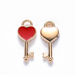 Honeyhandy Alloy Enamel Pendants, Heart Key, Light Gold, Red, 16x7x2.5mm, Hole: 1.8mm