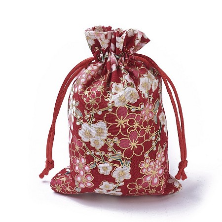 Honeyhandy Burlap Packing Pouches, Drawstring Bags, Rectangle with Flower Pattern, Red, 14.2~14.7x10~10.3cm