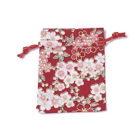 Honeyhandy Burlap Packing Pouches, Drawstring Bags, Rectangle with Flower Pattern, Red, 10~10.5x8~8.3cm