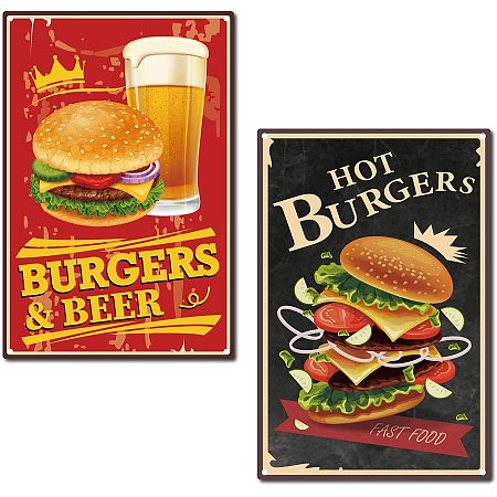 CREATCABIN 2pc Metal Tin Sign Hot Burgers Beer Food Retro Vintage Funny Wall Art Mural Hanging Iron Painting for Home Garden Bar Pub Kitchen Living Room Office Garage Plaque Christmas 12 x 8inch