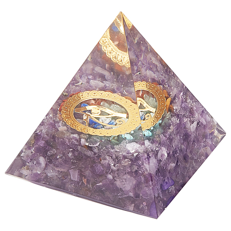 GORGECRAFT Orgonite Pyramid, Resin Pointed Home Display Decorations, with Brass Findings and Chip Natural Amethyst Inside, 61x61x61mm