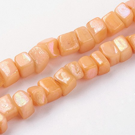 Electroplated Natural Freshwater Shell Beads Strands, Cube, Orange, 5~6.5x6~7x3.5~7mm, Hole: 1mm; about 80~81pcs/strand, 15.1 inches~15.7 inches(39~40cm)