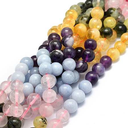 Natural Mixed Gemstone Beads Strands, Natural Aquamarine & Rose Quartz & Prehnite & Citrine & Amethyst, Round, 10mm, Hole: 1mm, about 39pcs/strand, 15.55''(39.5cm)