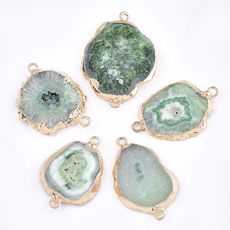 Honeyhandy Electroplate Natural Druzy Agate Links connectors, with Iron Findings, Dyed, Golden, Green, 30~45x15~35x3~7.5mm, Hole: 2mm