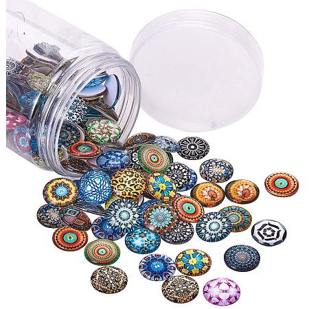 PandaHall Elite 140pcs Flower Glass Dome Cabochons, 18mm Floral Glass Flat Back Cabochons for Bracelet Pendant Necklace Cufflinks Rings Jewelry Making