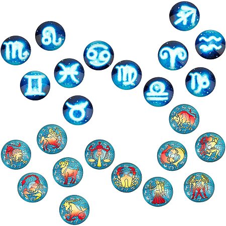 SUNNYCLUE 1 Box 24Pcs 12 Constellation Glass Cabochons Half Round Zodiac Sign Pattern Flatback Charms Astrology Horoscope Dome Gems for Jewelry Making DIY Necklace Supplies, 25MM