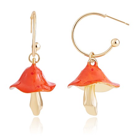 Honeyhandy Enamel Mushroom Dangle Stud Earrings, Gold Plated Alloy  Half Hoop Earrings for Women, Orange, 47x24.5mm, Pin: 0.7mm