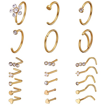 Arricraft 21Pcs 21 Style Clear Cubic Zirconia Flower & Flat Round & Heart Nose Studs & Rings Set, 304 Stainless Steel Nose Hoop & Fishtail & L-shape Nose Rings, Piercing Jewelry for Women, Golden, 9~9.5x5.5~9.5mm, Pin: 0.8mm, 1Pc/style