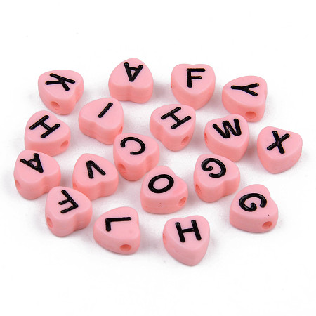 Honeyhandy Opaque Acrylic Enamel Beads, Horizontal Hole, Heart with Mixed Black Letters, Pink, 7x7x4mm, Hole: 1.5mm, about 3600pcs/500g