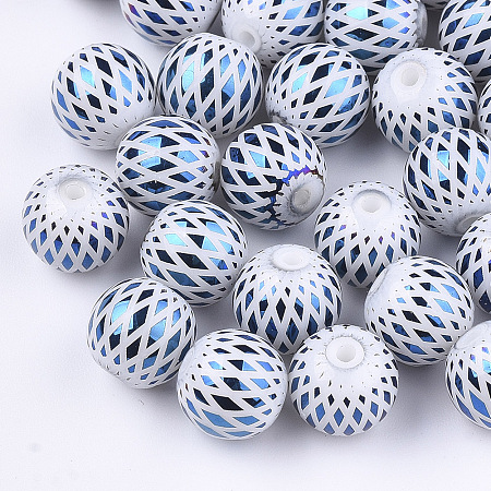 Honeyhandy Electroplate Glass Beads, Round with Rhombus Pattern, Blue, 8~8.5mm, Hole: 1.5mm