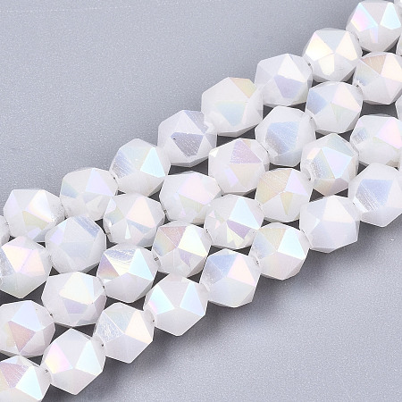 Honeyhandy Electroplate Glass Beads Strands, Imitation Jade, AB Color Plated, Faceted, Round, White, 6x6x6mm, Hole: 1mm, about 100pcs/strand, 22.24 inhes(56.5cm)