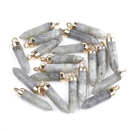 Honeyhandy Electroplate Natural Labradorite Pointed Pendants, with Iron Findings, Bullet, Golden, 24~25x5.5~6x5.5~6mm, Hole: 1.6mm