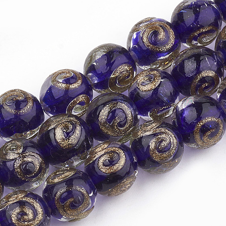 Honeyhandy Handmade Gold Sand Lampwork Beads, Round, DarkSlate Blue, 11.5~12.5x11~12mm, Hole: 1.5~2mm