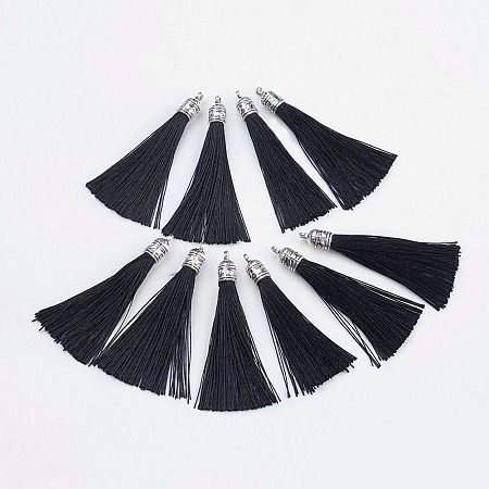 Honeyhandy Nylon Tassels Big Pendant Decorations, with Antique Silver Alloy Findings, Black, 55~67x7mm, Hole: 2mm