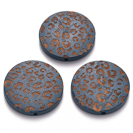 Honeyhandy Painted Natural Wood Beads, Laser Engraved Pattern, Flat Round with Leopard Print, Steel Blue, 30x5mm, Hole: 1.6mm