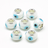 Honeyhandy Handmade Evil Eye Lampwork European Beads, with Brass Double Cores, Large Hole Beads, Rondelle, Platinum, White, 14~15x10~11mm, Hole: 5mm