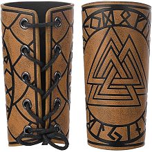 GORGECRAFT 2PCS Leather Arm Guards Medieval Leather Archery Buckle Bracers Nordic 24 Viking Runes Odin's Symbol Valknut Pattern Knight Cosplay Leather Arm Armor Cuff for Halloween Adult, Dark Khaki