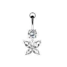 Honeyhandy Piercing Jewelry, Brass Cubic Zirconia Navel Ring, Belly Rings, with 304 Stainless Steel Bar, Butterfly, Stainless Steel Color, 36x15.5mm, Pin: 1.6mm