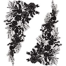 GORGECRAFT 1 Pair 3D Flower Embroidery Lace Fabric Black Sequin Ribbon Trim Embroidered Bead Floral Applique Sew on Patches Glitter Sewing Ornament Paillette Diy Costume Accessories for Bridal Wedding