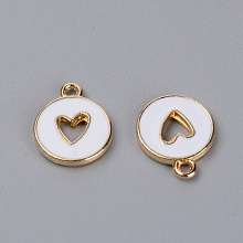 Honeyhandy Zinc Alloy Enamel Charms, Flat Round with Hollow Heart, Light Gold, White, 14x12x2mm, Hole: 1.5mm