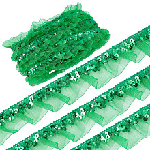 GORGECRAFT 13Yds Lime Green Satin Organza Sequin Lace Gathered Mesh Stretch Pleated Lace Fabric Trim 1-1/8" Ruffled Floral Elastic Fringe Applique for Sewing Gift Package Wrapping Dress Cloth Crafts