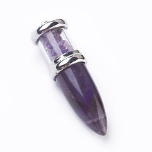 Honeyhandy Natural Amethyst Big Pendants, with Platinum Tone Brass Findings, Bullet, 50~53x16~17mm, Hole: 5x7~8mm