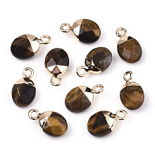 Honeyhandy Natural Tiger Eye Charms, Top Light Gold Plated, with Iron Loop, Oval, Faceted, 14~15x8x5mm, Hole: 1.8mm