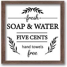 FINGERINSPIRE Fresh Soap and Water Hand Towels Free Wood Sign with Acrylic Layer 7x7 Inch Rustic Farmhouse Bathroom Wall Decor Sign Vintage Funny Bathroom Hanging Sign for Home Restroom Decor