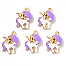 Honeyhandy Alloy Enamel Pendants, Unicorn, Light Gold, Lilac, 20x15x3.5mm, Hole: 2.0mm