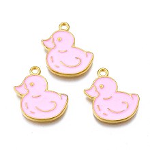 Honeyhandy Rack Plating Alloy Enamel Pendants, Cadmium Free & Nickel Free & Lead Free, Golden, Duck, Pink, 20x18x2mm, Hole: 1.6mm