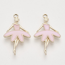 Light Gold Plated Alloy Pendants, with Enamel, Ballet Dancer, Pearl Pink, 30.5x18x2.5mm, Hole: 1.8mm