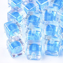 Honeyhandy Transparent Acrylic Beads, UV Plating & Rainbow, Bead in Bead, Half Drilled Beads, Cube, Deep Sky Blue, 12.5x12.5x12.5mm, Half Hole: 3.5mm