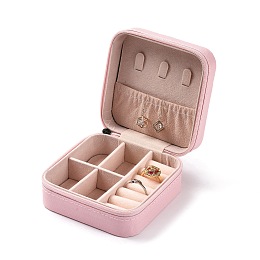 Honeyhandy PU Leather Jewelry Box, Travel Portable Jewelry Case, Zipper Storage Boxes, for Necklaces, Rings, Earrings and Pendants, Square, Pink, 10x10x5cm