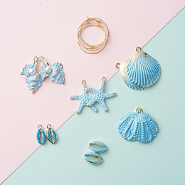 NBEADS DIY Earring Making, 304 Stainless Steel Hoop Earrings, Spray Painted Alloy Pendants and Alloy Enamel Beads, SkyBlue, 25mm; Pin: 0.7mm, 12pcs/bag; Pendant: 17~35.5x8.5~29.5x3.5~7mm, 12pcs/bag