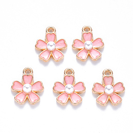 Honeyhandy Alloy Enamel Charms, with ABS Plastic Imitation Pearl, Sakura Flower, Light Gold, Light Coral, 14.5x11.5x4.5mm, Hole: 1.2mm