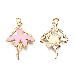 Honeyhandy Light Gold Plated Alloy Pendants, with Enamel, Ballet Dancer, Pearl Pink, 30.5x18x2.5mm, Hole: 1.8mm