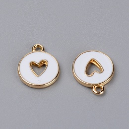 Honeyhandy Zinc Alloy Enamel Charms, Flat Round with Hollow Heart, Light Gold, White, 14x12x2mm, Hole: 1.5mm