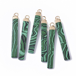 Honeyhandy Top Golden Plated Synthetic Malachite Pendants, with Golden Tone Iron Loops, Bar, 44~45x5.5x3mm, Hole: 2mm