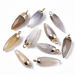 Honeyhandy Top Golden Plated Natural Grey Agate Pointed Pendants, with Iron Loops, Faceted, Bullet, 25~26x7~8mm, Hole: 1.8mm