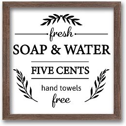 FINGERINSPIRE Fresh Soap and Water Hand Towels Free Wood Sign with Acrylic Layer 7x7 Inch Rustic Farmhouse Bathroom Wall Decor Sign Vintage Funny Bathroom Hanging Sign for Home Restroom Decor