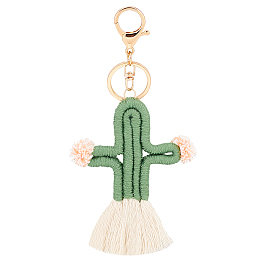 WADORN Handmade Woven Cotton Keychain, with Iron & Alloy Findings, Golden, Cactus Pattern, 17.3cm, Cactus: 110x83x8.5mm